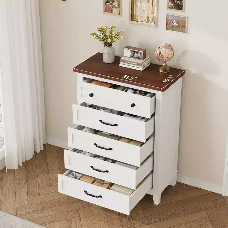 Commode de chambre à 5 tiroirs verticale avec rangement, commode autonome en bois