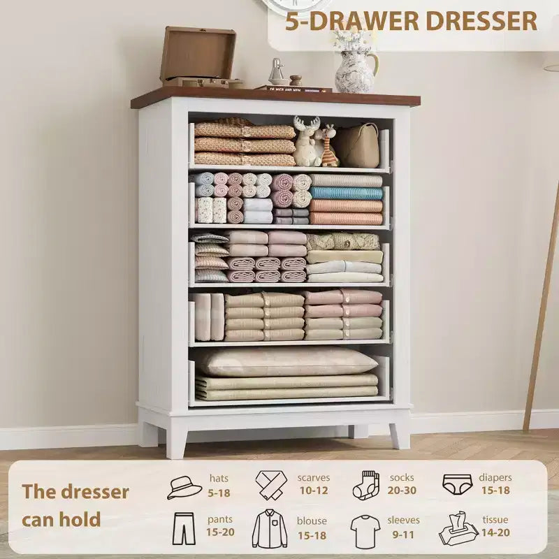 Commode de chambre à 5 tiroirs verticale avec rangement, commode autonome en bois