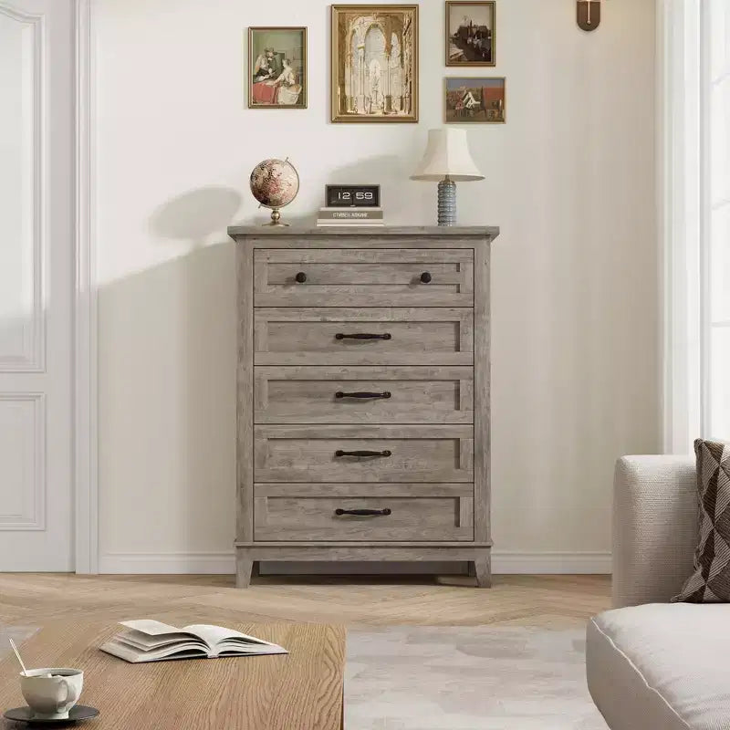 Commode de chambre à 5 tiroirs verticale avec rangement, commode autonome en bois