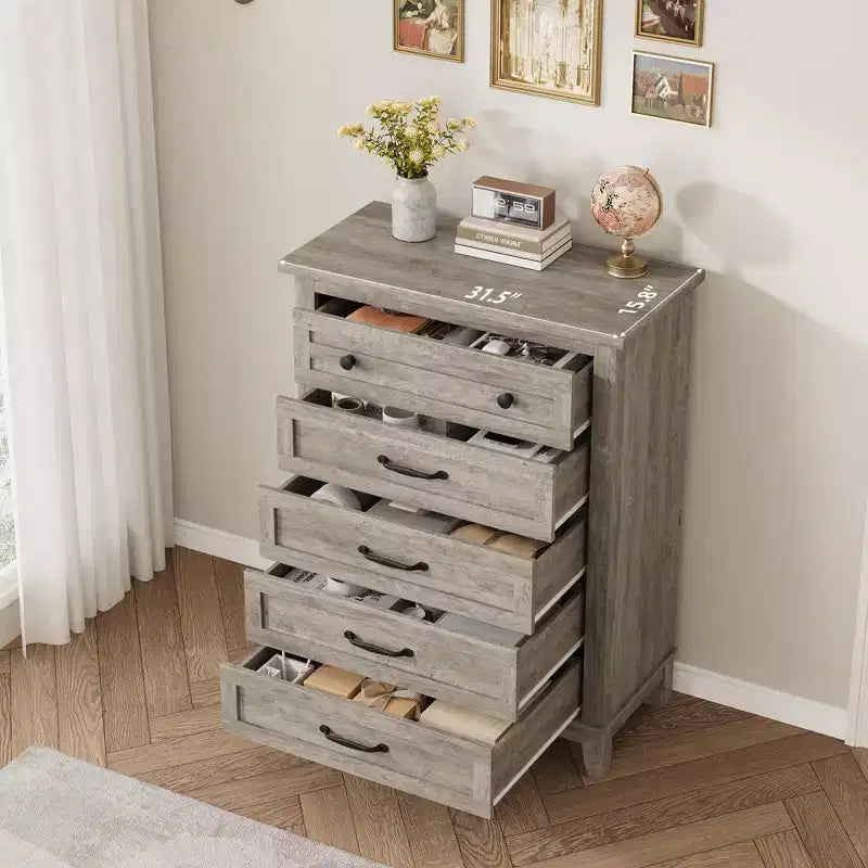 Commode de chambre à 5 tiroirs verticale avec rangement, commode autonome en bois
