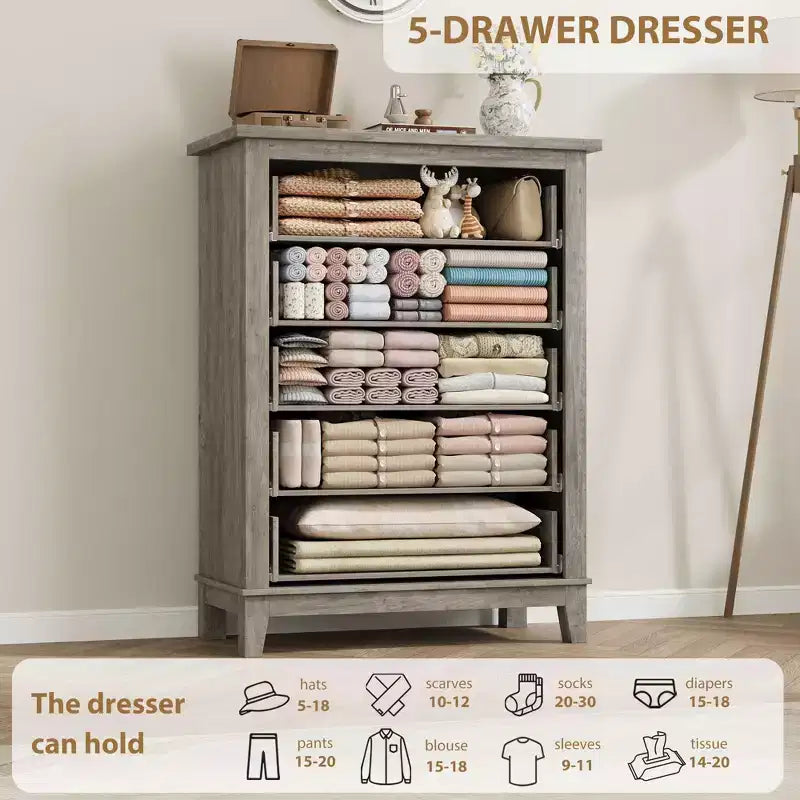 Commode de chambre à 5 tiroirs verticale avec rangement, commode autonome en bois