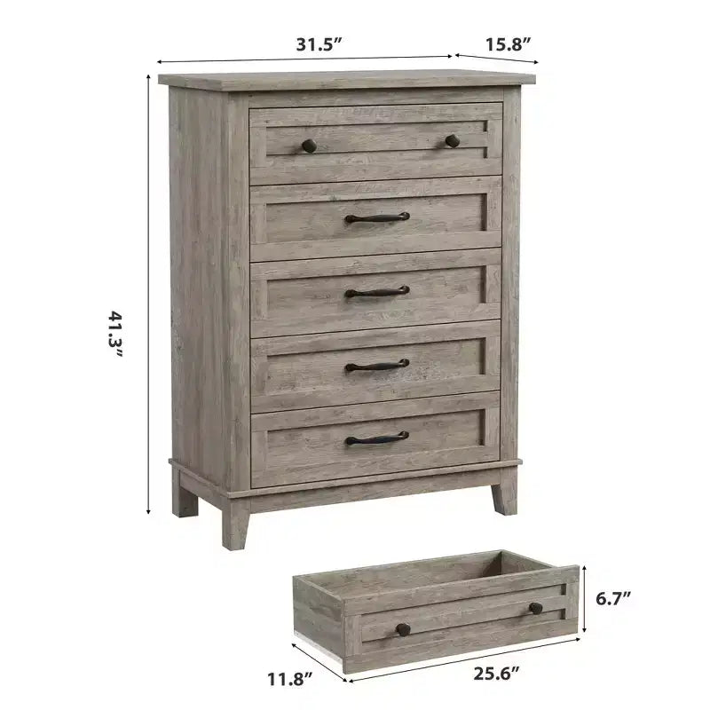 Commode de chambre à 5 tiroirs verticale avec rangement, commode autonome en bois