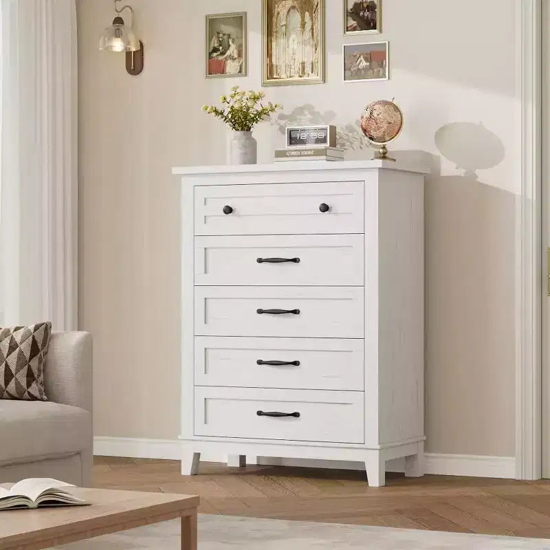 Commode de chambre à 5 tiroirs verticale avec rangement, commode autonome en bois