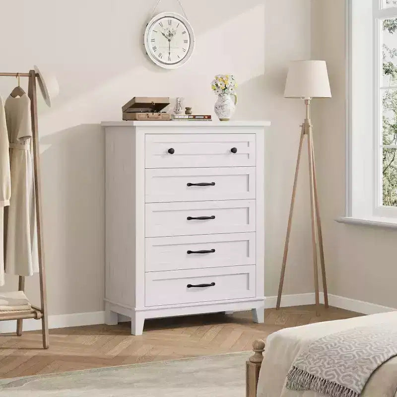 Commode de chambre à 5 tiroirs verticale avec rangement, commode autonome en bois