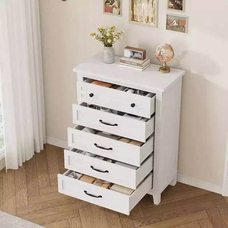 Commode de chambre à 5 tiroirs verticale avec rangement, commode autonome en bois