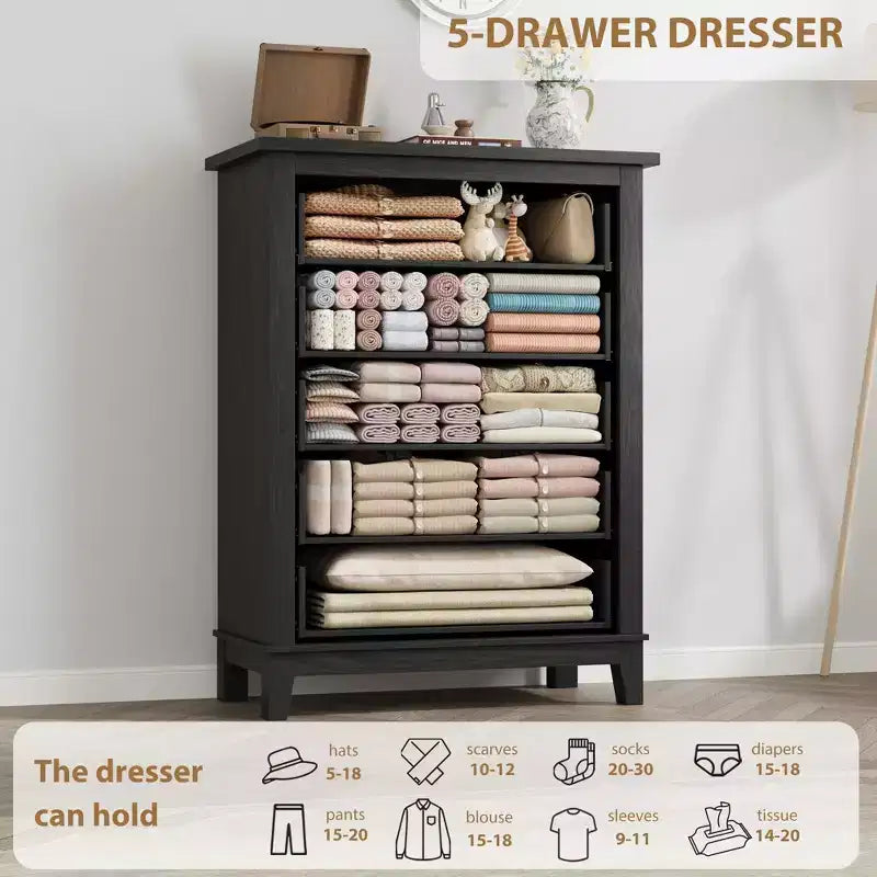 Commode de chambre à 5 tiroirs verticale avec rangement, commode autonome en bois