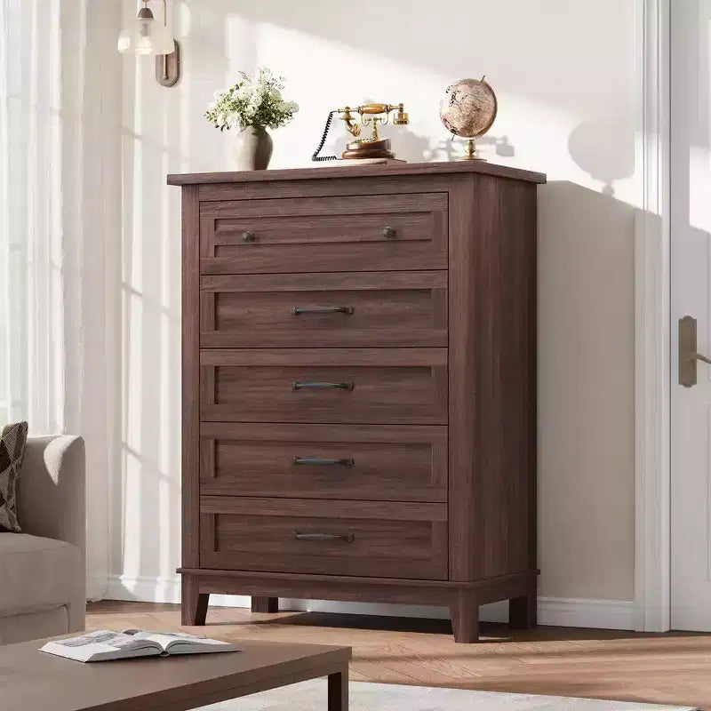 Commode de chambre à 5 tiroirs verticale avec rangement, commode autonome en bois