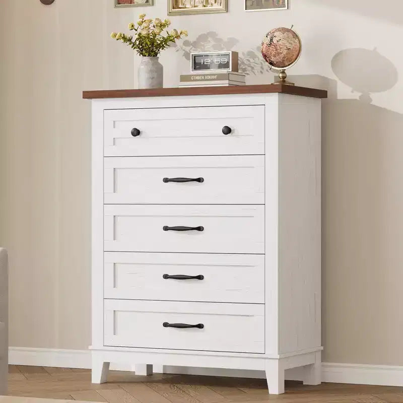 Commode de chambre à 5 tiroirs verticale avec rangement, commode autonome en bois