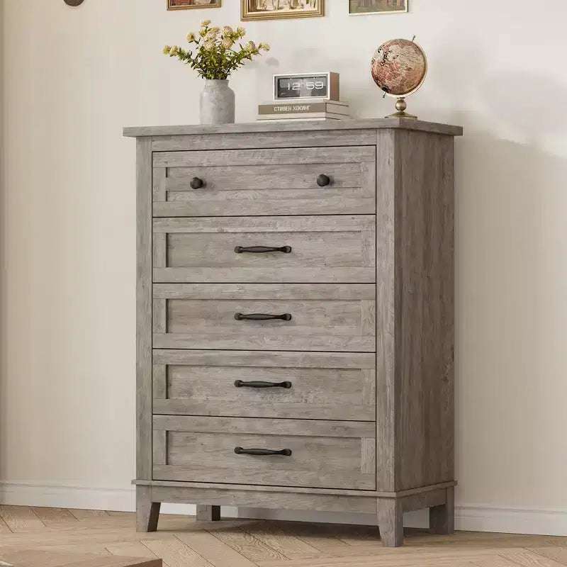 Commode de chambre à 5 tiroirs verticale avec rangement, commode autonome en bois