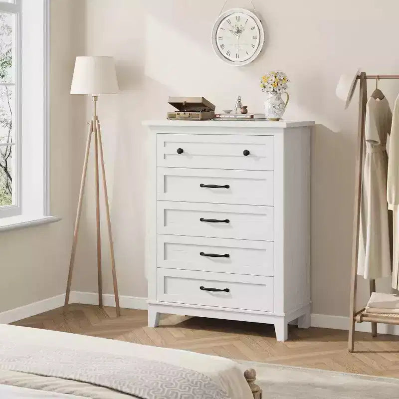 Commode de chambre à 5 tiroirs verticale avec rangement, commode autonome en bois