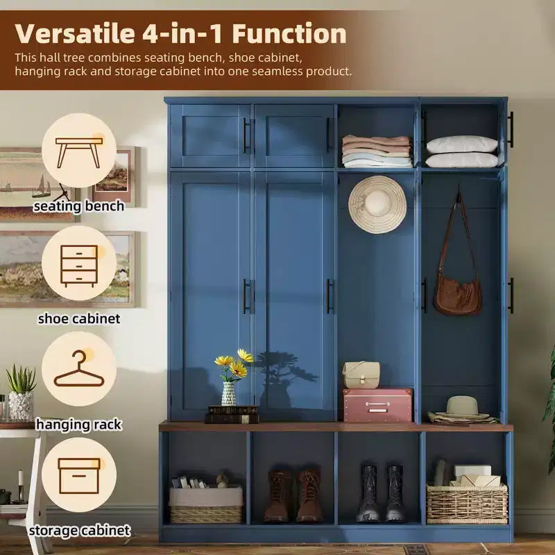 Meuble d'entrée bleu avec 4 crochets escamotables et banc de rangement polyvalent en noyer