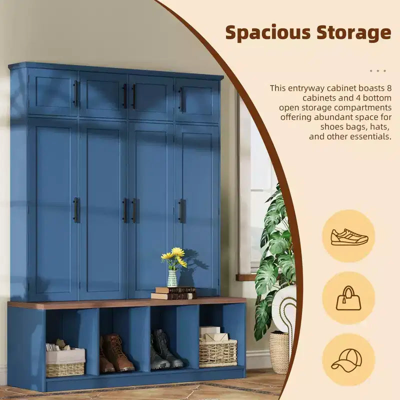 Meuble d'entrée bleu avec 4 crochets escamotables et banc de rangement polyvalent en noyer