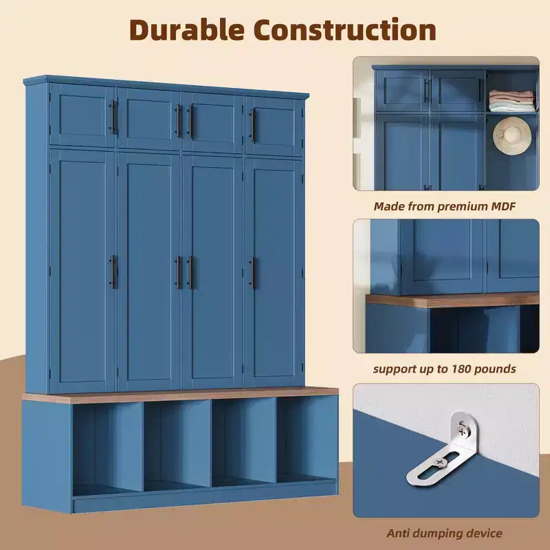 Meuble d'entrée bleu avec 4 crochets escamotables et banc de rangement polyvalent en noyer
