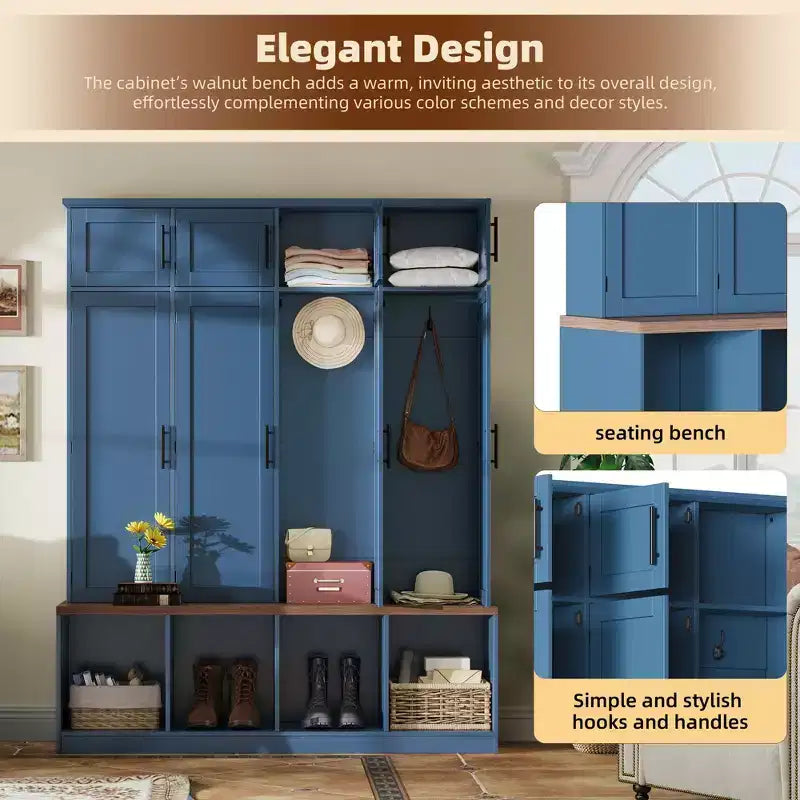 Meuble d'entrée bleu avec 4 crochets escamotables et banc de rangement polyvalent en noyer