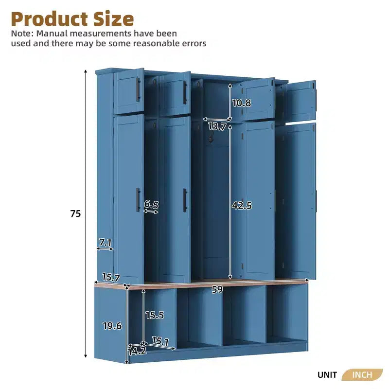 Meuble d'entrée bleu avec 4 crochets escamotables et banc de rangement polyvalent en noyer