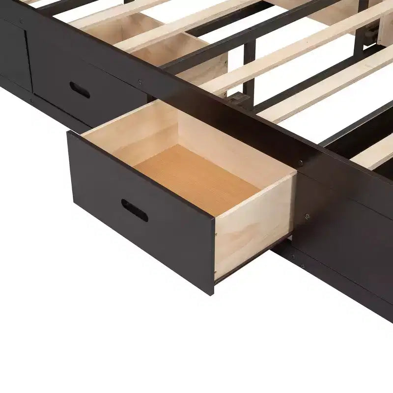 Lit plateforme queen en bois avec tête de lit de rangement, étagère à chaussures et 4 tiroirs