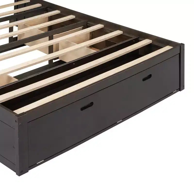 Lit plateforme queen en bois avec tête de lit de rangement, étagère à chaussures et 4 tiroirs