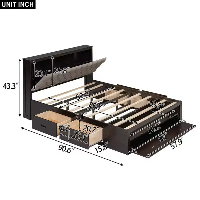 Lit plateforme queen en bois avec tête de lit de rangement, étagère à chaussures et 4 tiroirs