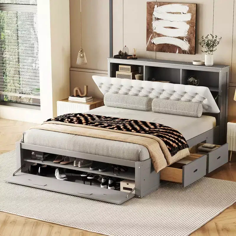 Lit plateforme queen en bois avec tête de lit de rangement, étagère à chaussures et 4 tiroirs