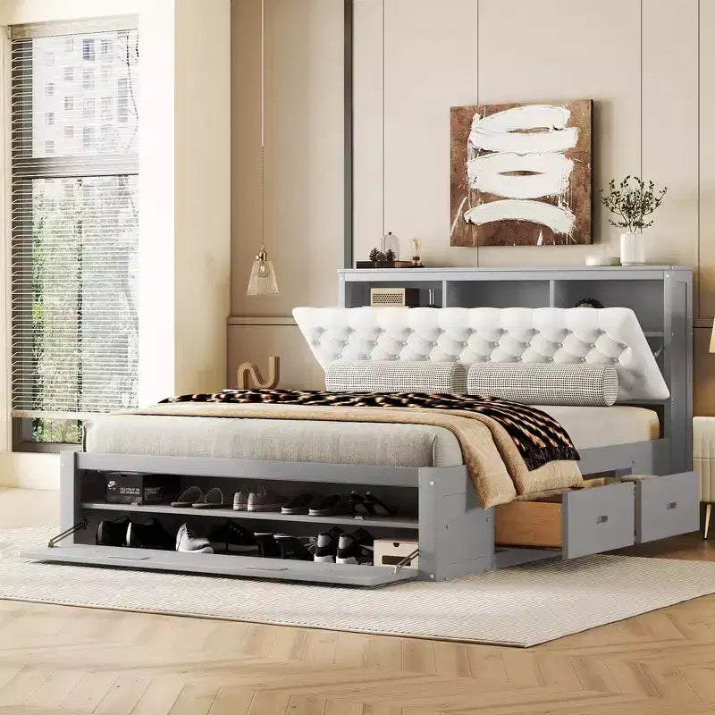 Lit plateforme queen en bois avec tête de lit de rangement, étagère à chaussures et 4 tiroirs