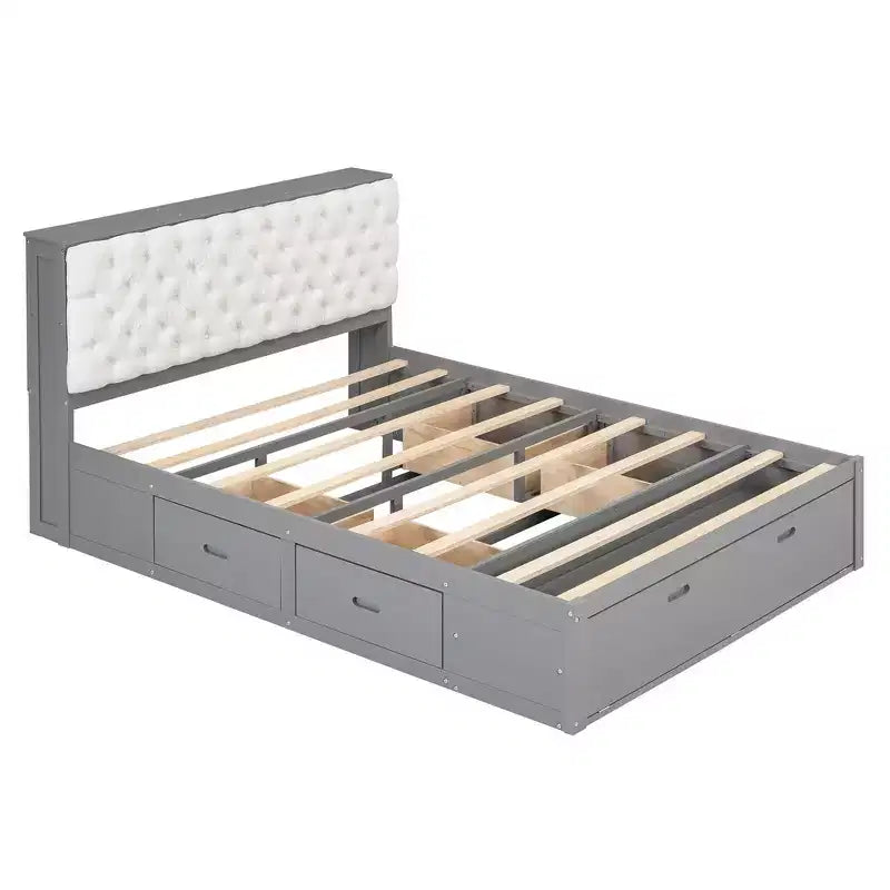 Lit plateforme queen en bois avec tête de lit de rangement, étagère à chaussures et 4 tiroirs