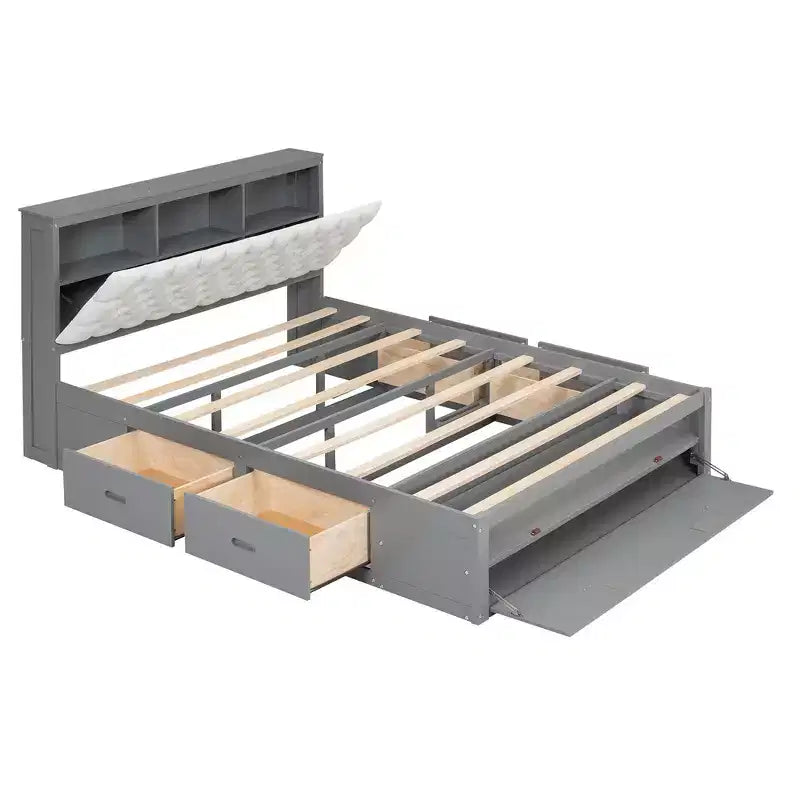 Lit plateforme queen en bois avec tête de lit de rangement, étagère à chaussures et 4 tiroirs