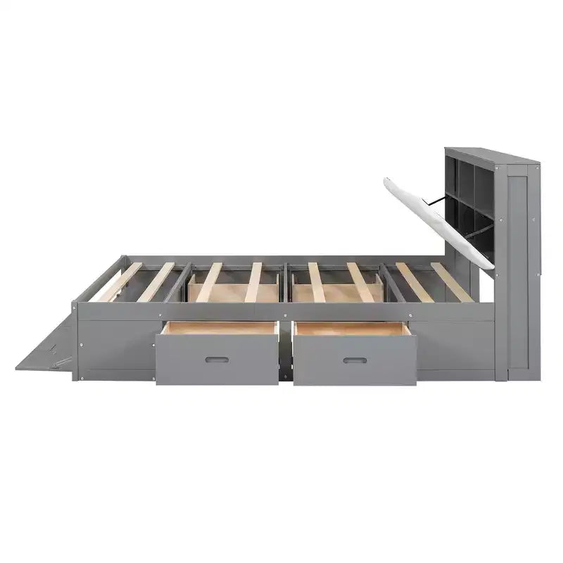 Lit plateforme queen en bois avec tête de lit de rangement, étagère à chaussures et 4 tiroirs