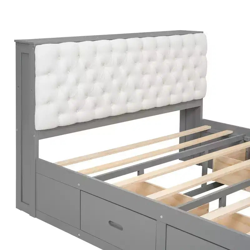 Lit plateforme queen en bois avec tête de lit de rangement, étagère à chaussures et 4 tiroirs