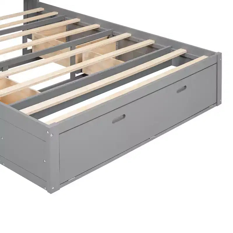 Lit plateforme queen en bois avec tête de lit de rangement, étagère à chaussures et 4 tiroirs