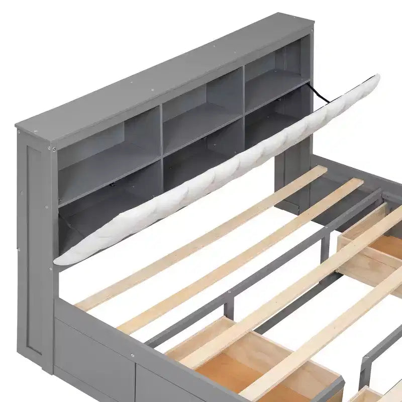 Lit plateforme queen en bois avec tête de lit de rangement, étagère à chaussures et 4 tiroirs