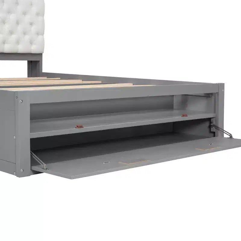 Lit plateforme queen en bois avec tête de lit de rangement, étagère à chaussures et 4 tiroirs