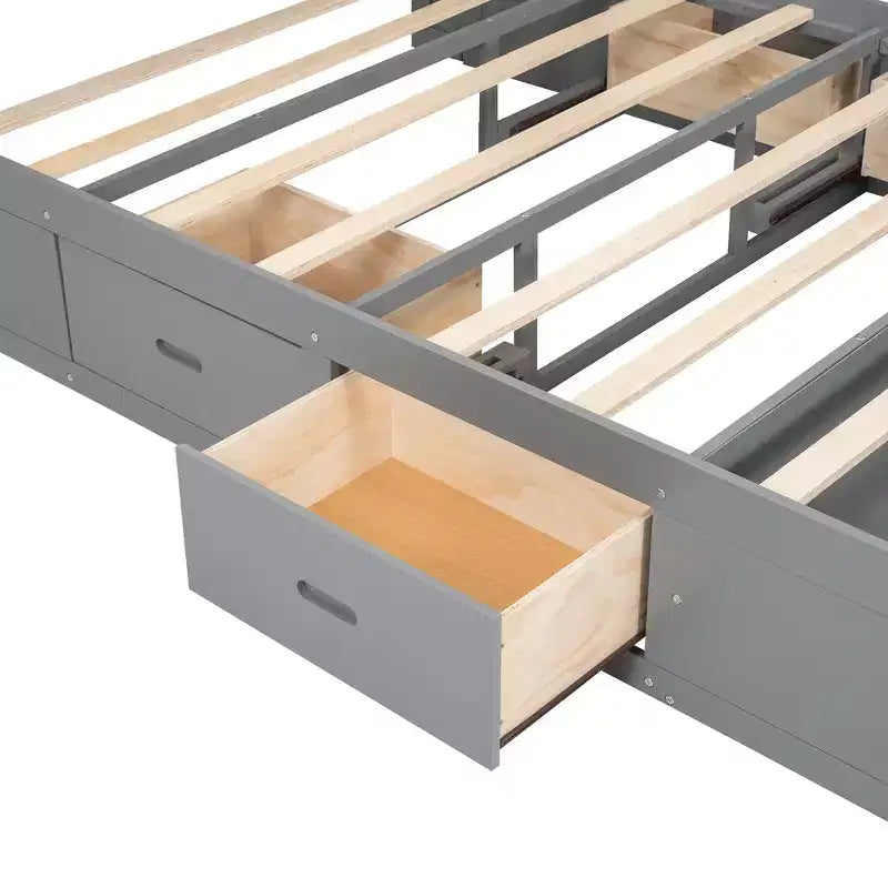Lit plateforme queen en bois avec tête de lit de rangement, étagère à chaussures et 4 tiroirs