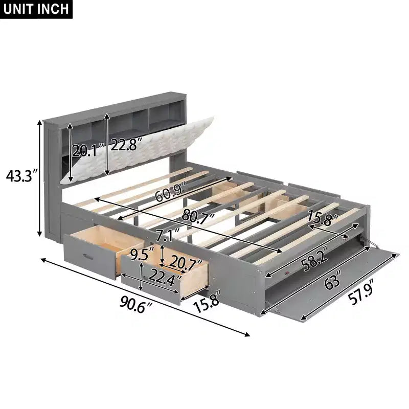 Lit plateforme queen en bois avec tête de lit de rangement, étagère à chaussures et 4 tiroirs