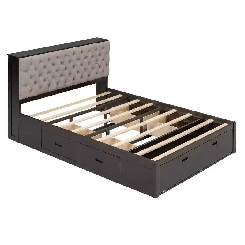 Lit plateforme queen en bois avec tête de lit de rangement, étagère à chaussures et 4 tiroirs