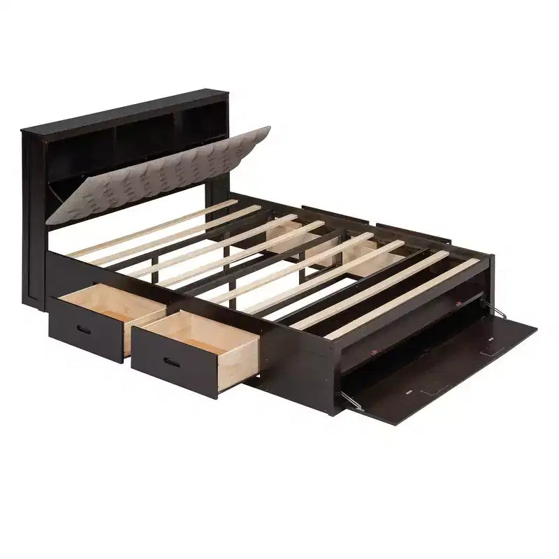 Lit plateforme queen en bois avec tête de lit de rangement, étagère à chaussures et 4 tiroirs