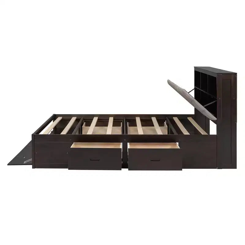 Lit plateforme queen en bois avec tête de lit de rangement, étagère à chaussures et 4 tiroirs
