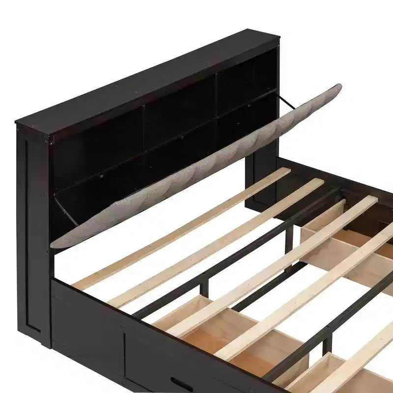 Lit plateforme queen en bois avec tête de lit de rangement, étagère à chaussures et 4 tiroirs