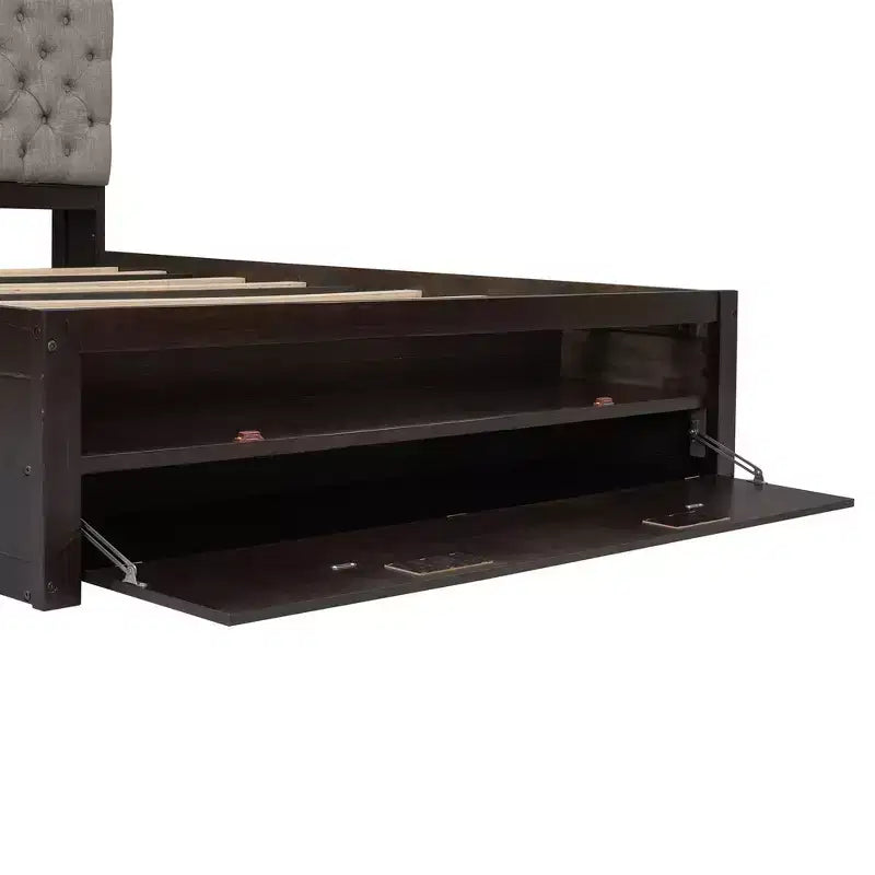 Lit plateforme queen en bois avec tête de lit de rangement, étagère à chaussures et 4 tiroirs