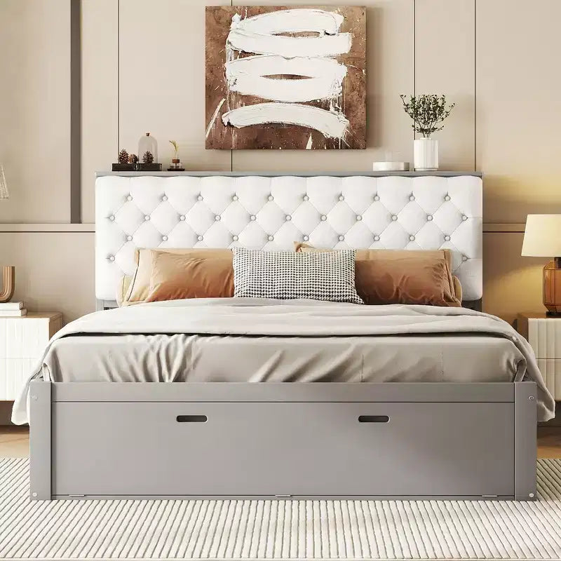 Lit plateforme queen en bois avec tête de lit de rangement, étagère à chaussures et 4 tiroirs