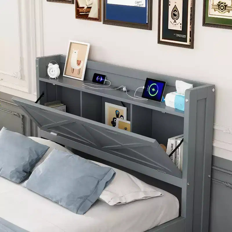 Cadre de lit plateforme en bois avec tête de lit de rangement et prises électriques