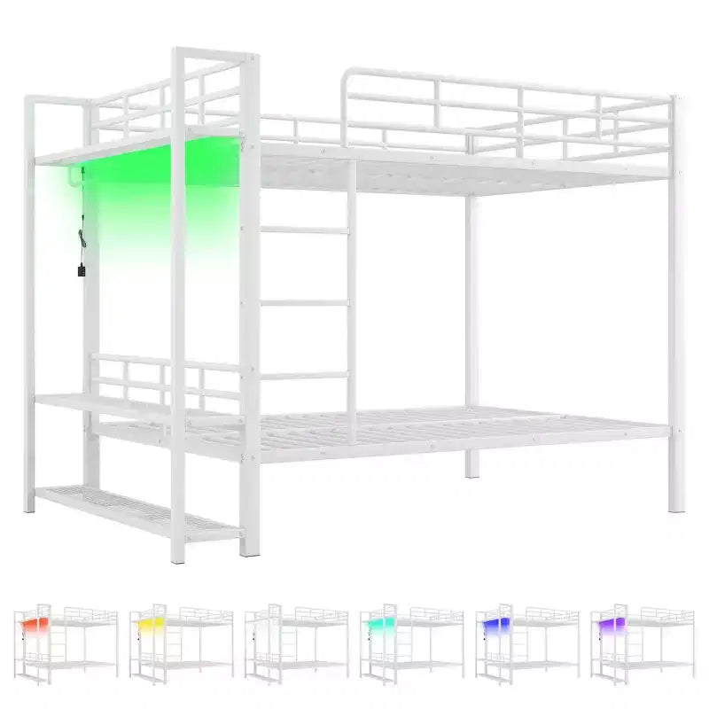 Lit superposé en métal avec éclairage LED, étagères grillagées de rangement et patères