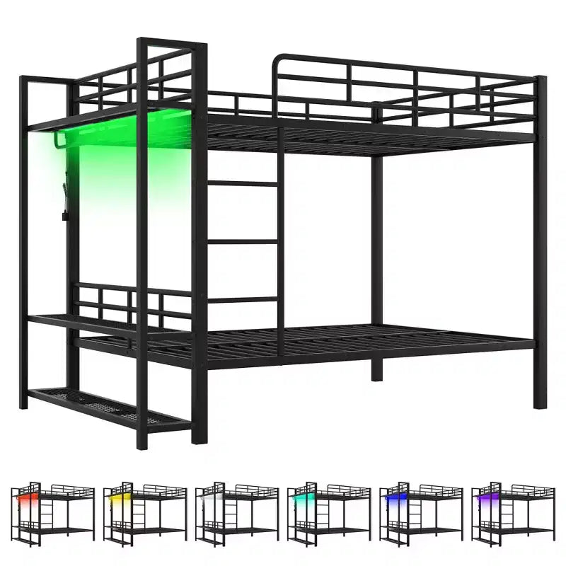 Lit superposé en métal avec éclairage LED, étagères grillagées de rangement et patères