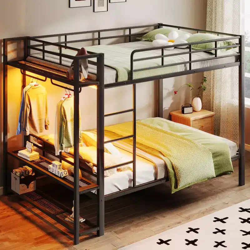 Full over Full Metal Bunk Bed with LED Light, Storage Mesh Shelves & Clothes Hooks - ModernLuxe