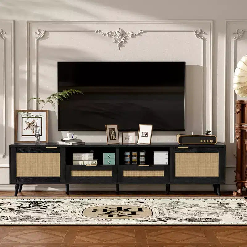 Rattan TV Stand for TVs up to 85, Farmhous TV Console Media Console Entertainment Center with 2 Drawers - ModernLuxe