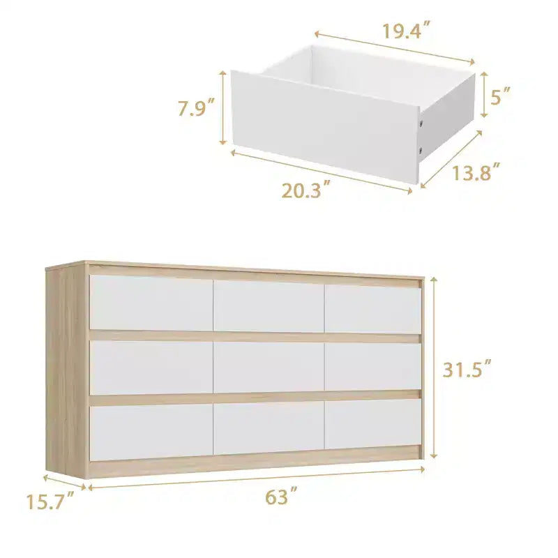 Commode minimaliste contemporaine à 9 tiroirs, rangement spacieux
