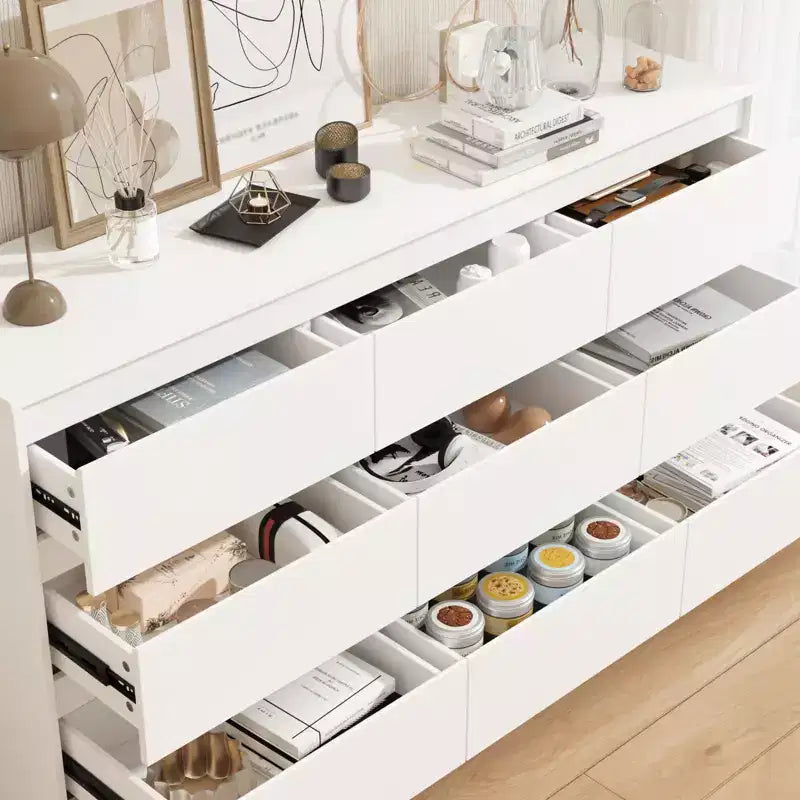 Commode minimaliste contemporaine à 9 tiroirs, rangement spacieux