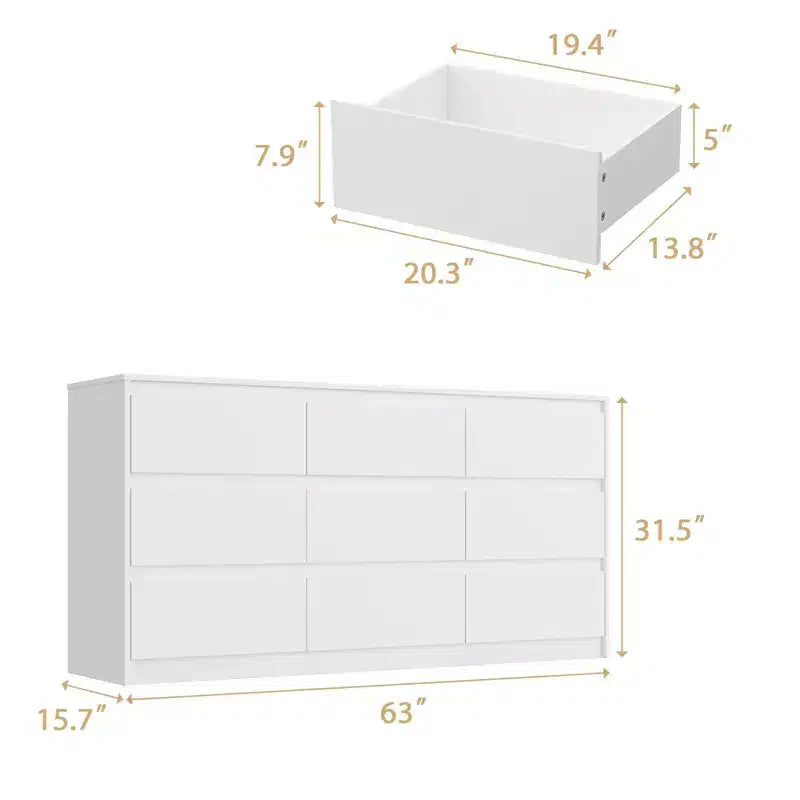 Commode minimaliste contemporaine à 9 tiroirs, rangement spacieux