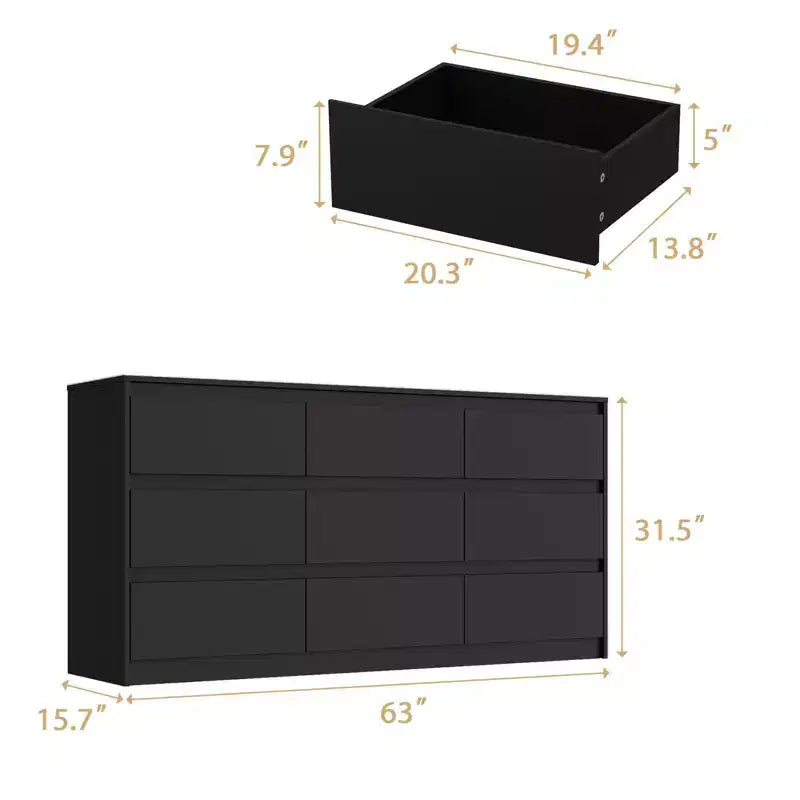 Commode minimaliste contemporaine à 9 tiroirs, rangement spacieux