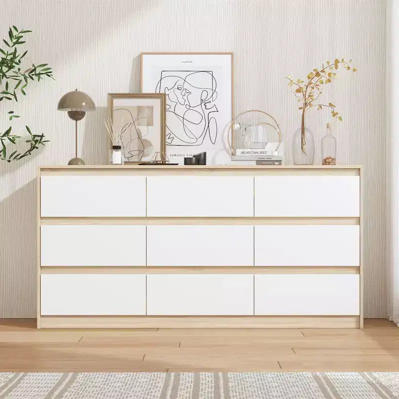Commode minimaliste contemporaine à 9 tiroirs, rangement spacieux