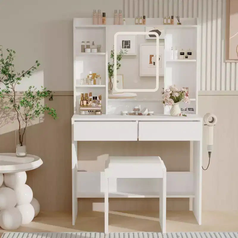 Coiffeuse avec miroir, coiffeuse avec tabouret rembourré, table de maquillage